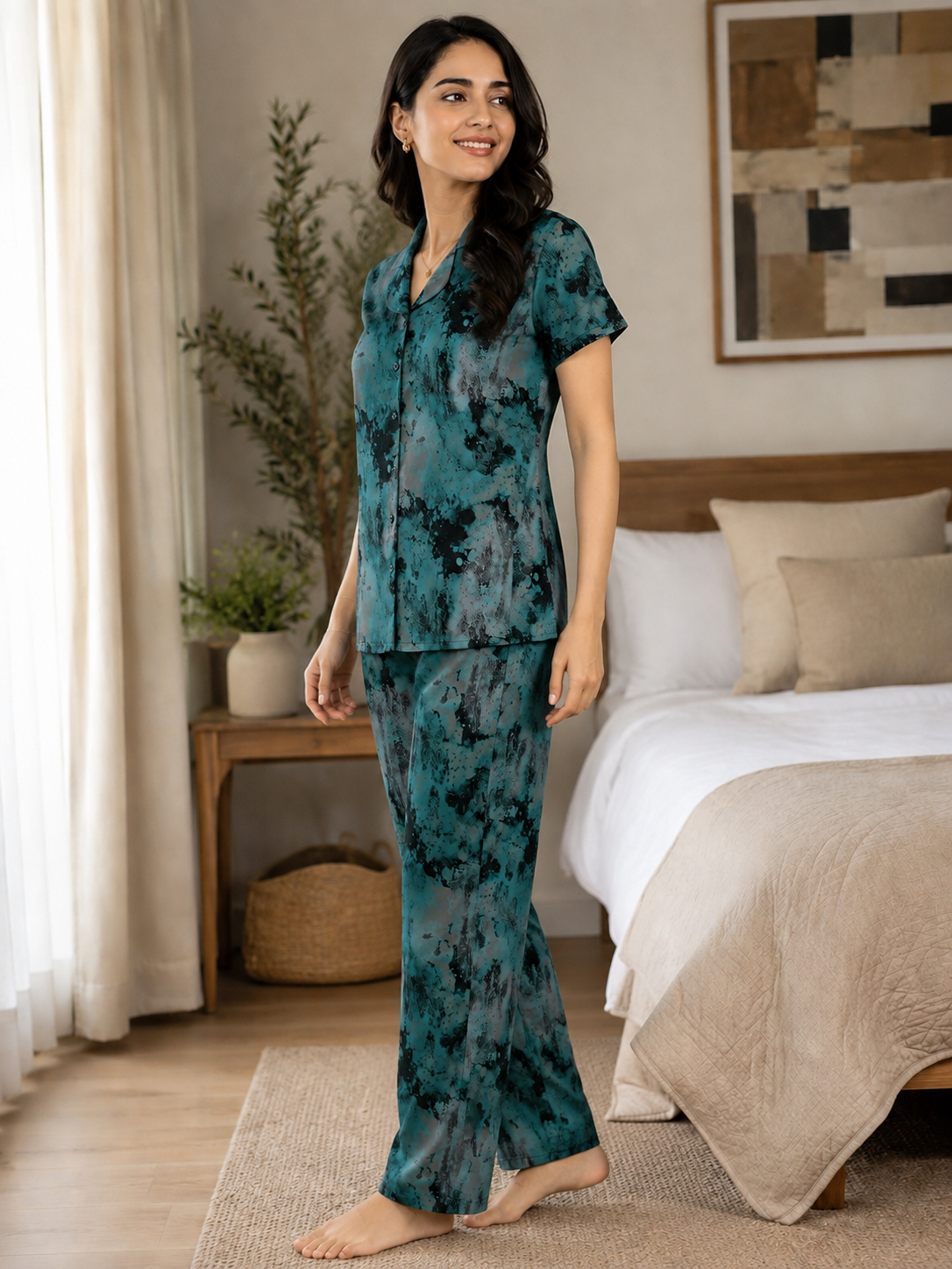 Green & Grey Abstract Viscose Rayon Night Suit for Women | Claura
