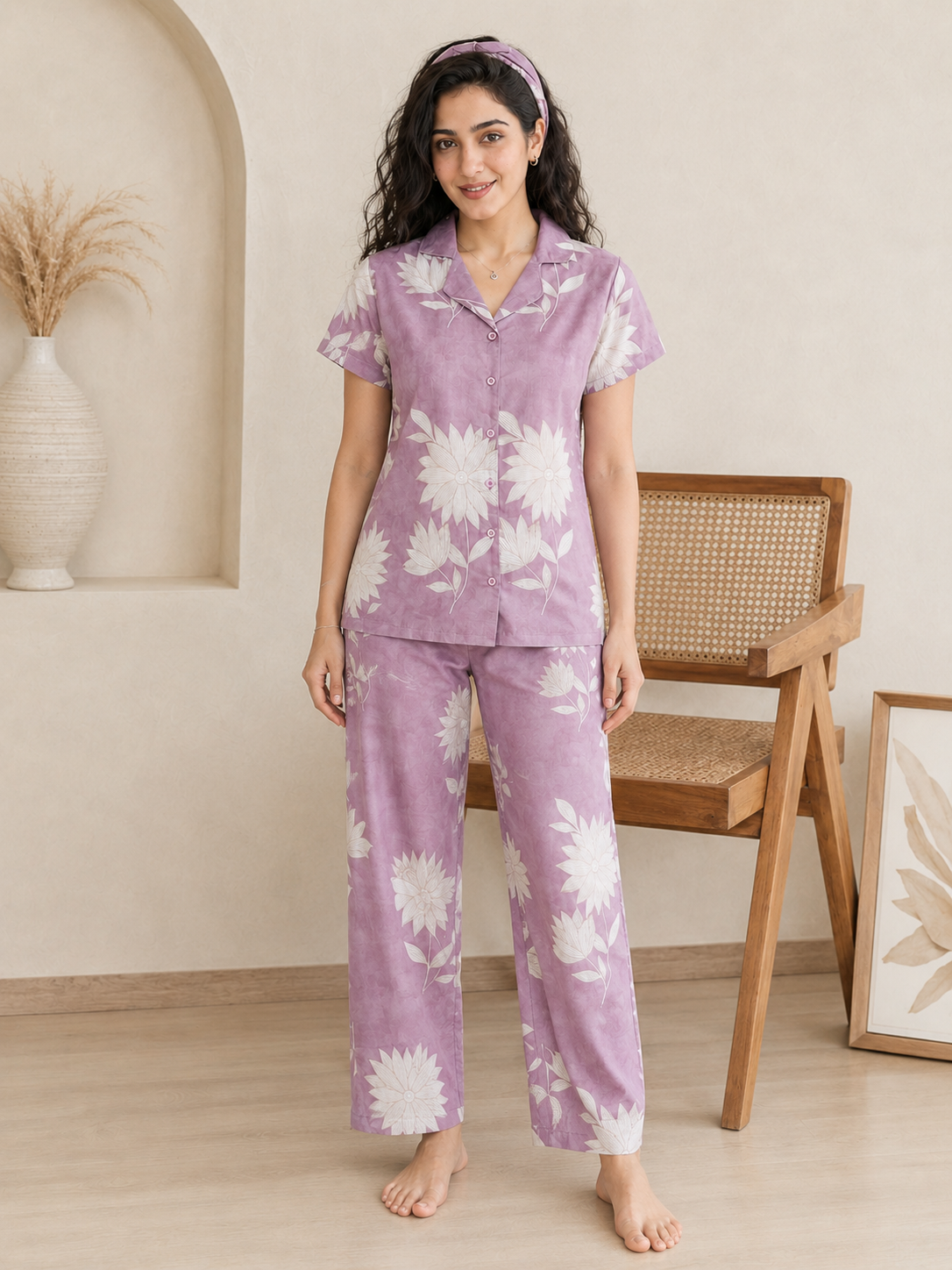 Pink Floral Pure Cotton Night Suit for Women | Claura