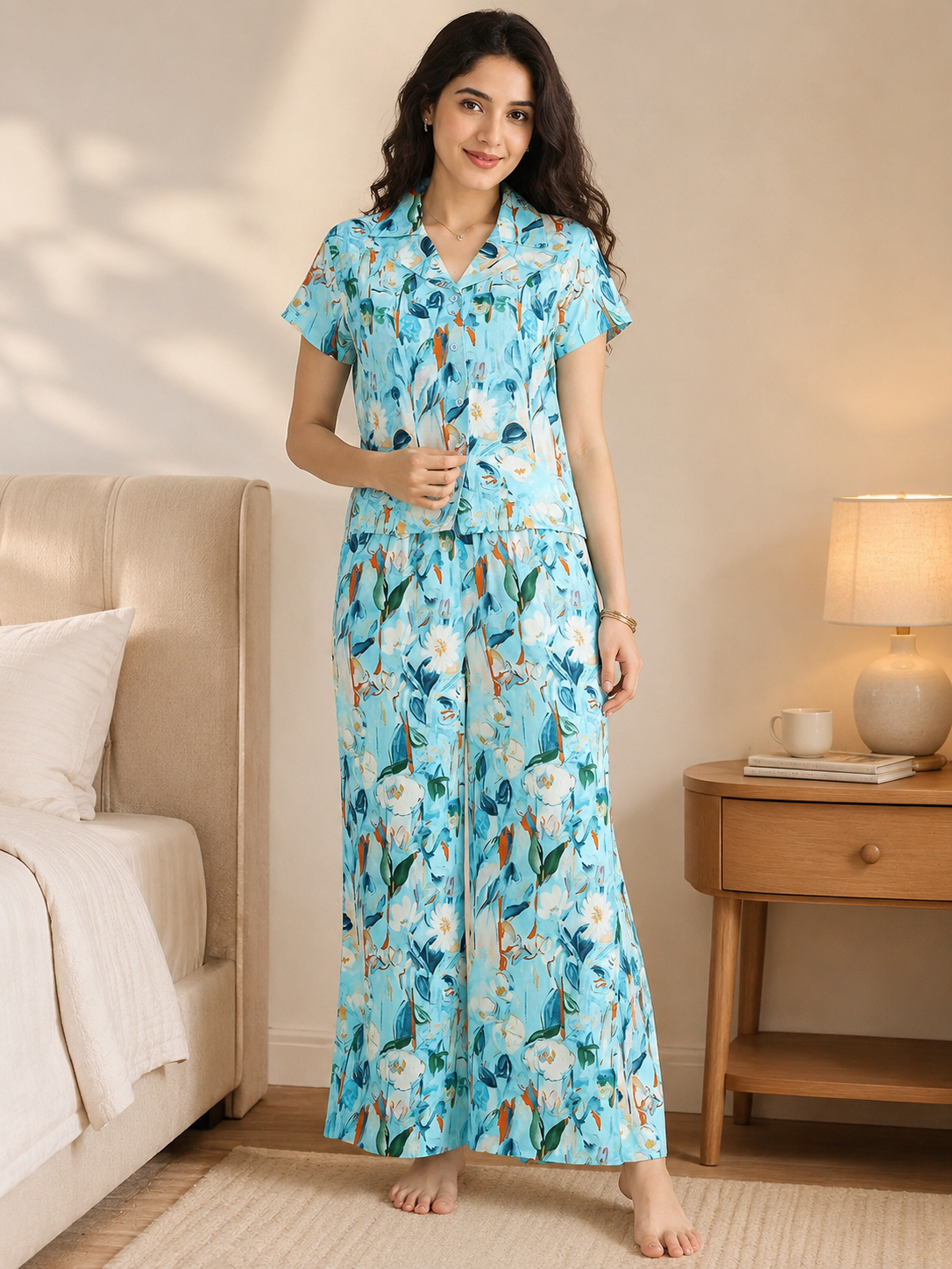 Blue Abstract Viscose Rayon Night Suit – Lapel Collar | Claura