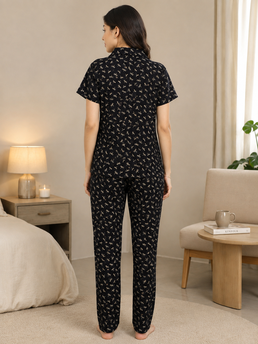 Black Graphic Print Cotton Night Suit for Women | Claura