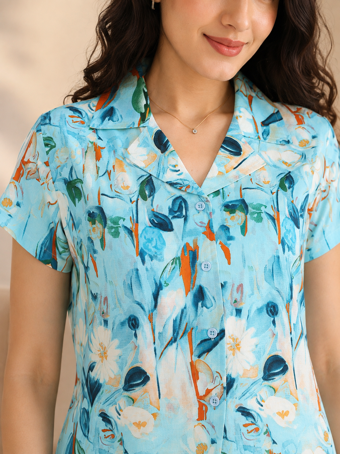 Blue Abstract Viscose Rayon Night Suit – Lapel Collar | Claura