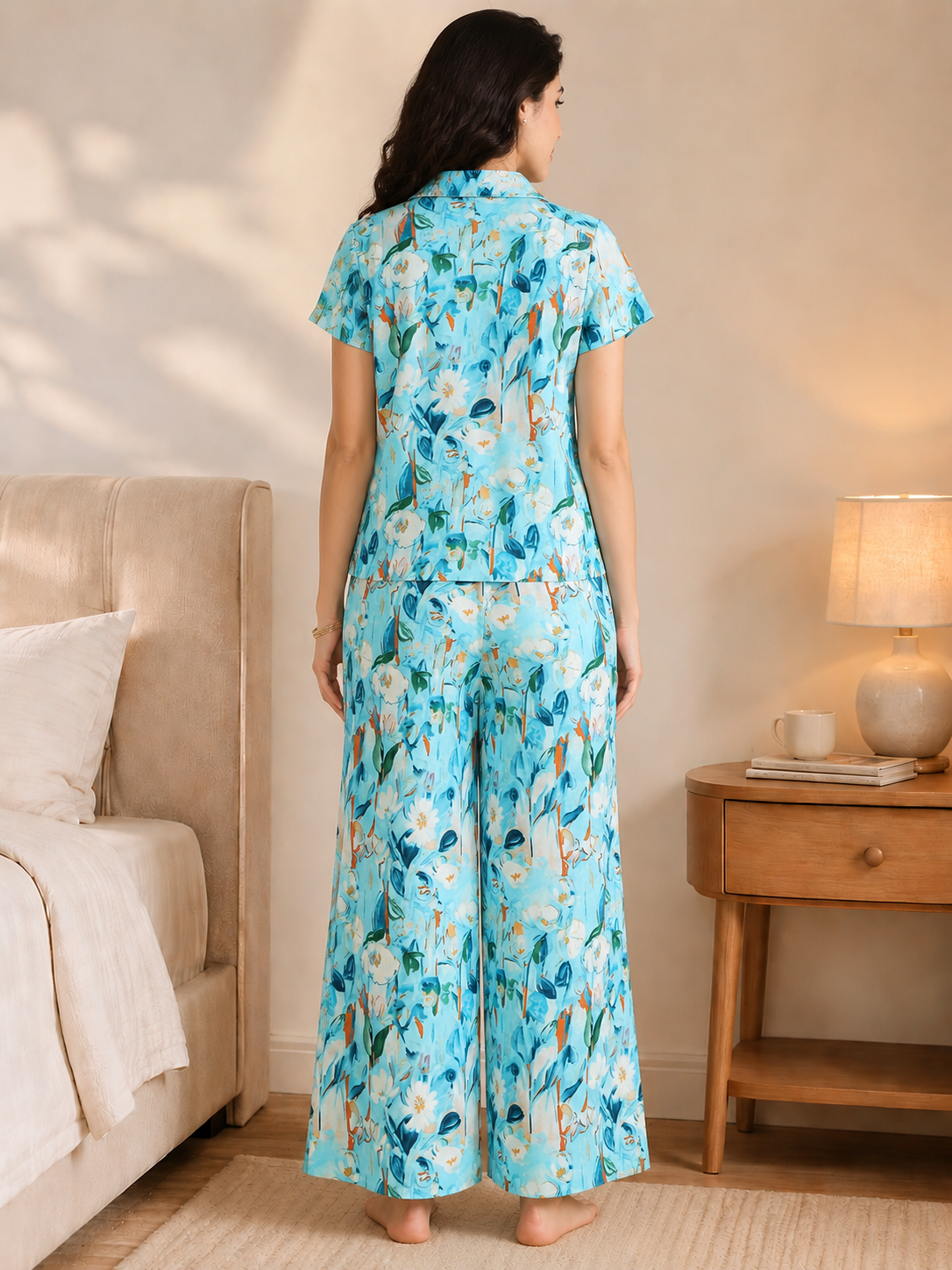 Blue Abstract Viscose Rayon Night Suit – Lapel Collar | Claura