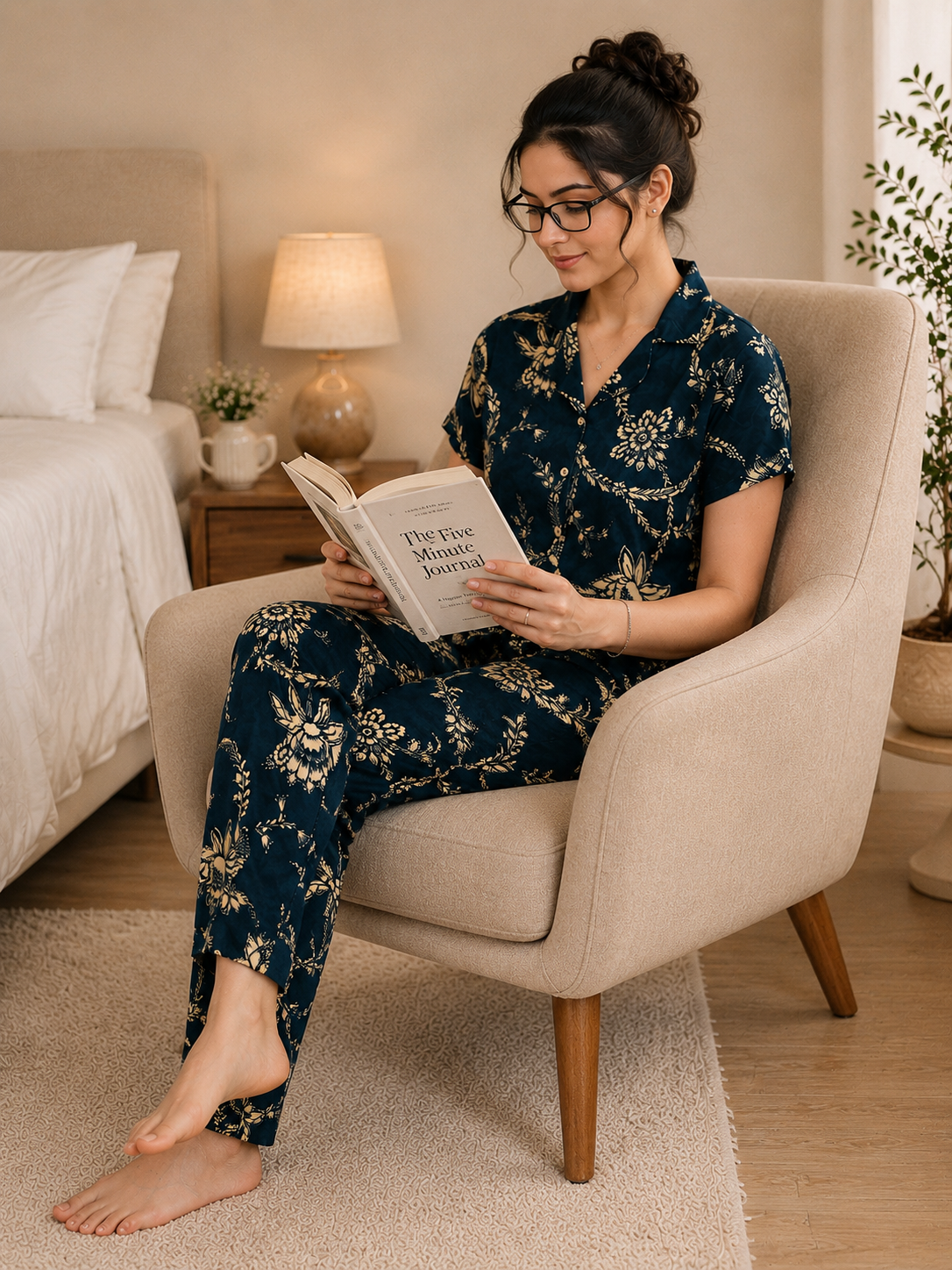 Navy Blue Floral Viscose Rayon Night Suit for Women | Claura