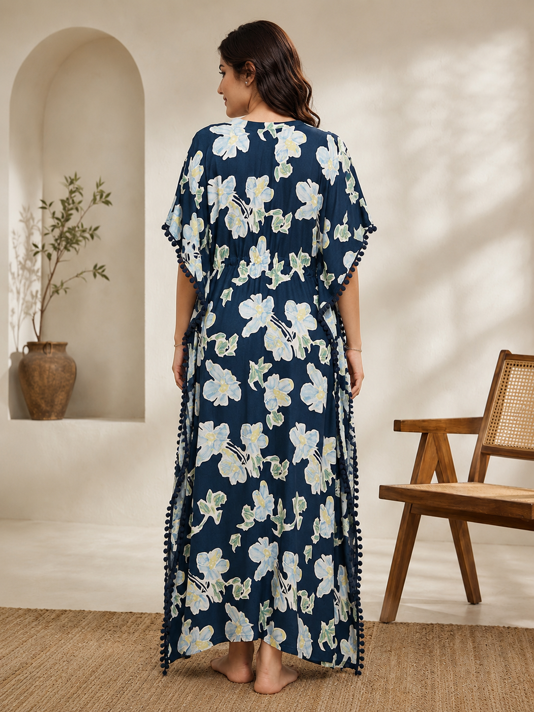 Blue Floral Rayon Kaftan Dress for Women | V-Neck | Claura