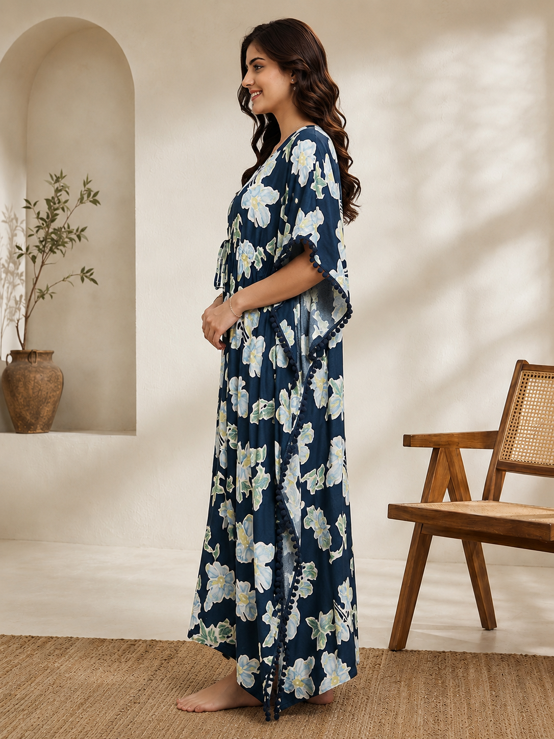 Blue Floral Rayon Kaftan Dress for Women | V-Neck | Claura