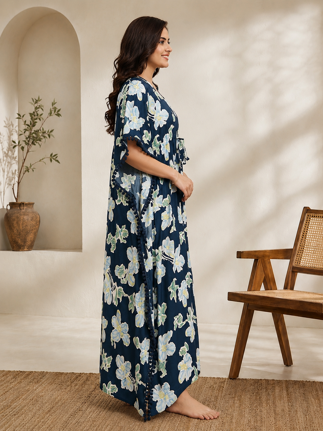 Blue Floral Rayon Kaftan Dress for Women | V-Neck | Claura
