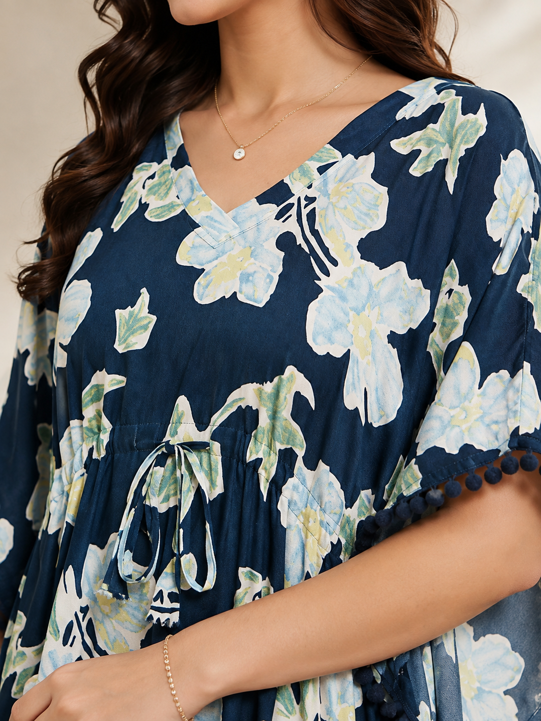 Blue Floral Rayon Kaftan Dress for Women | V-Neck | Claura