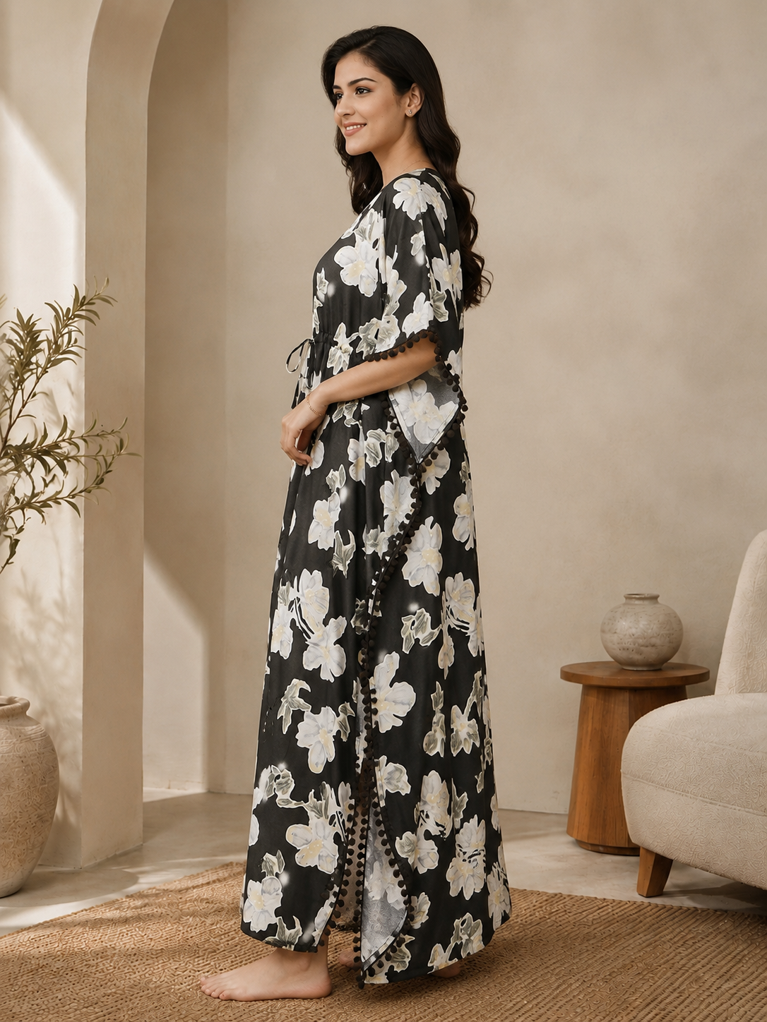 Brown Floral Rayon Kaftan for Women | Maxi | Claura