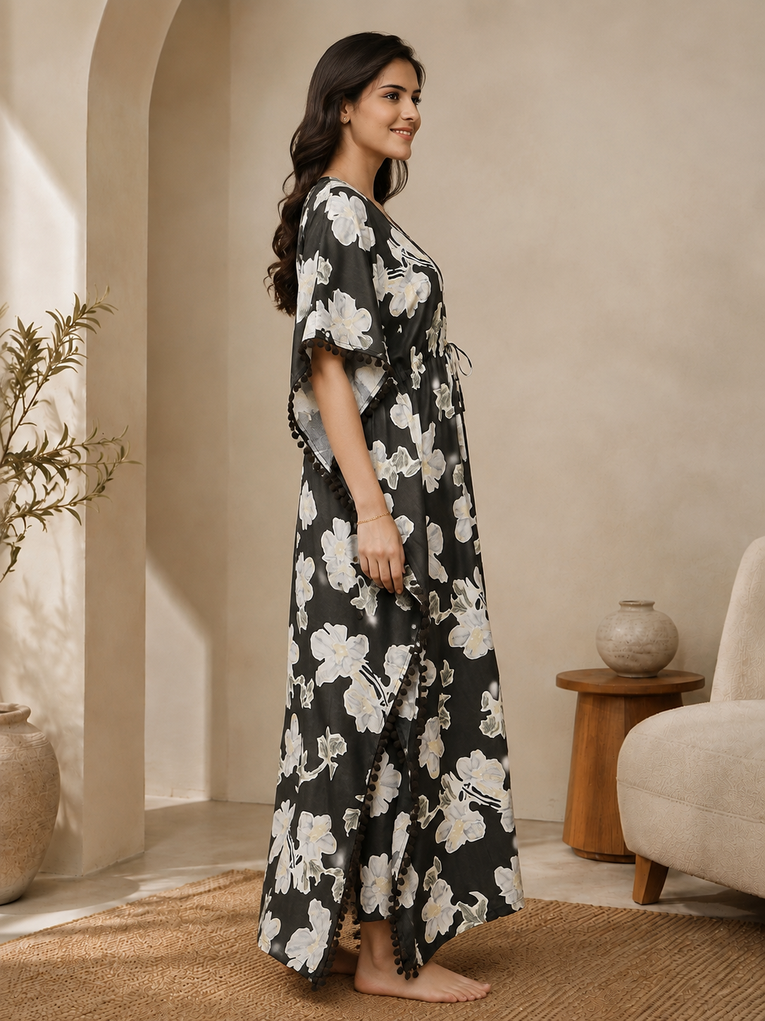 Brown Floral Rayon Kaftan for Women | Maxi | Claura