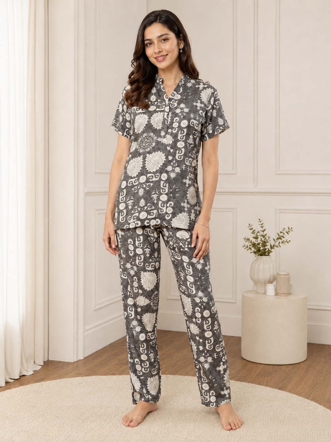 Grey Color Viscose Rayon Abstract Printed Night Suit for Women | Claura