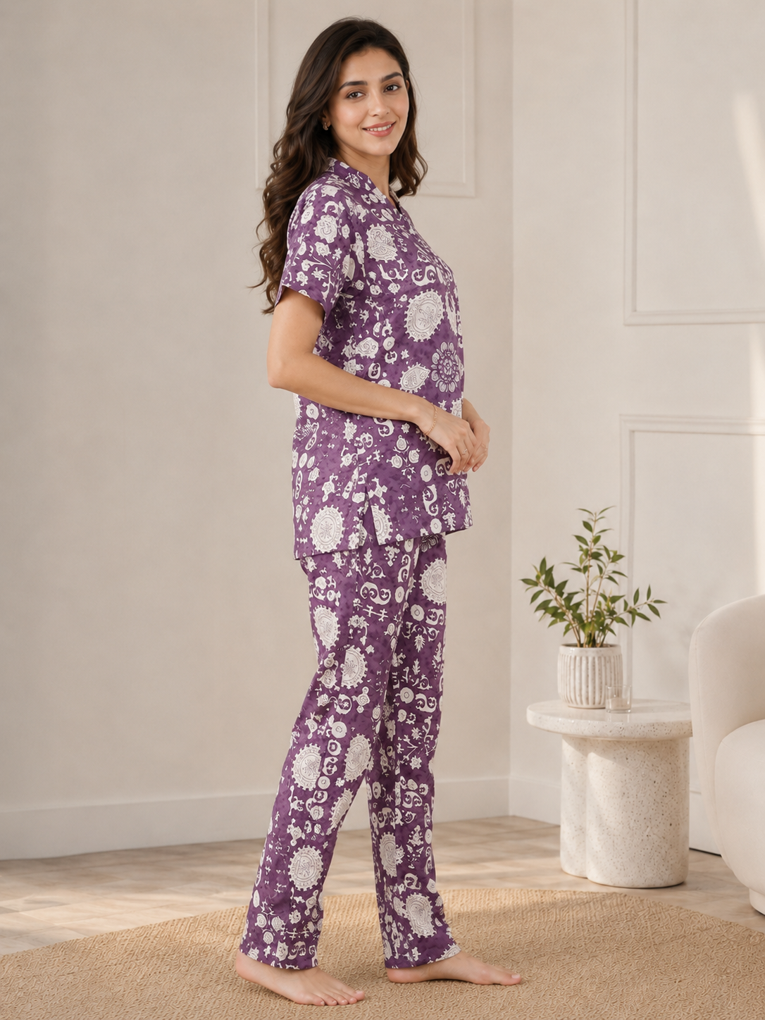 Mauve Color Viscose Rayon Abstract Printed Night Suit for Women | Claura