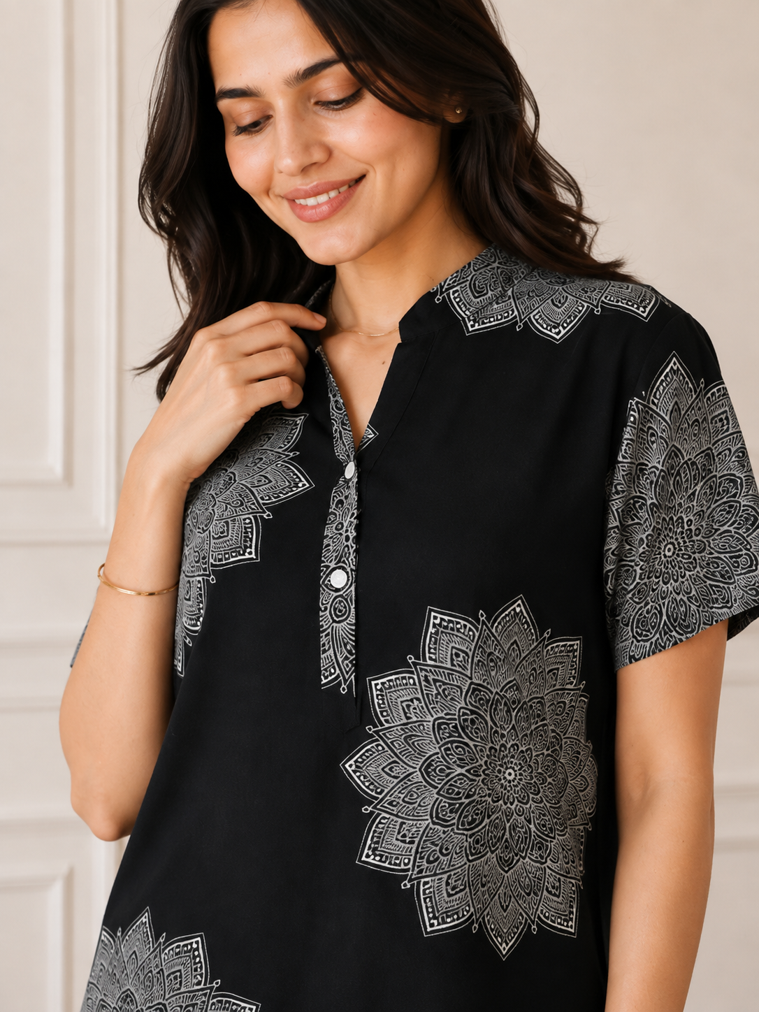 Black Color Abstract Printed Viscose Rayon Night Suit For Women | Claura