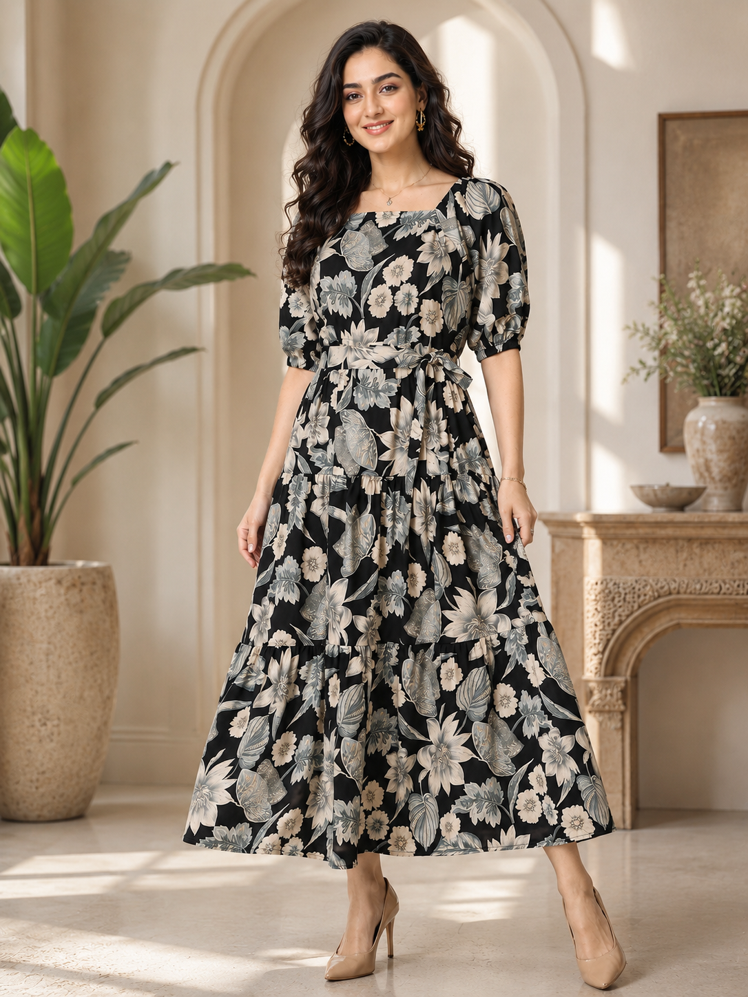 Black Floral Printed Cotton Ethnic Square Neck Dress for Women | Claura