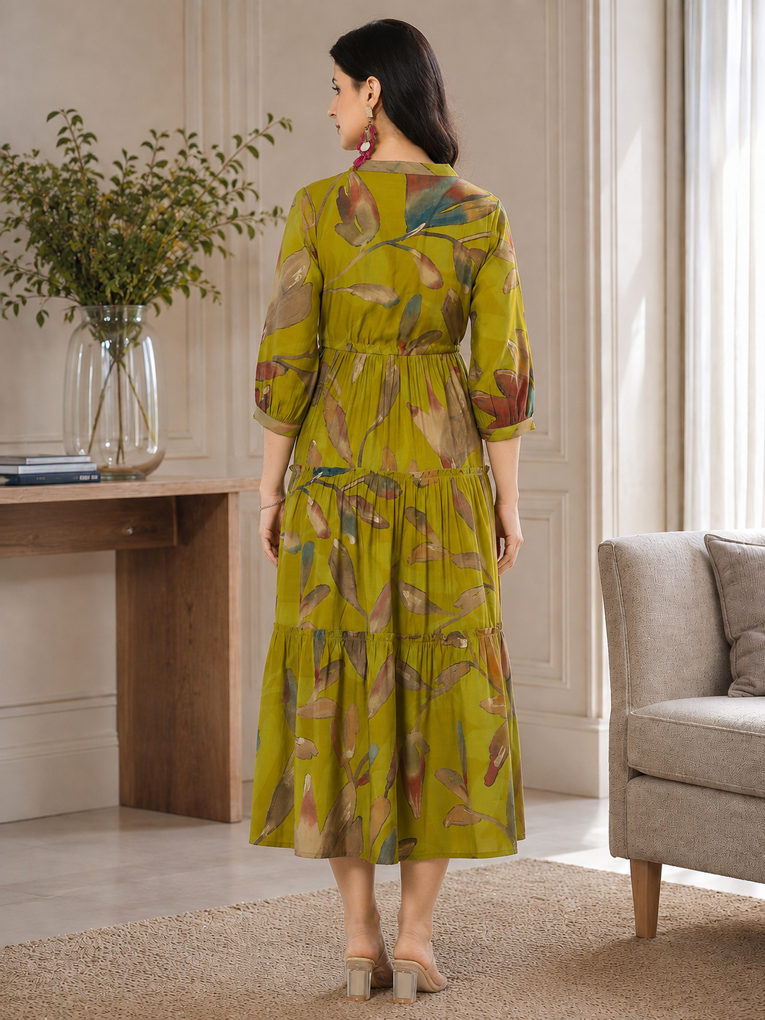Mustard Yellow Floral Print Fit & Flare dress for Women | Claura