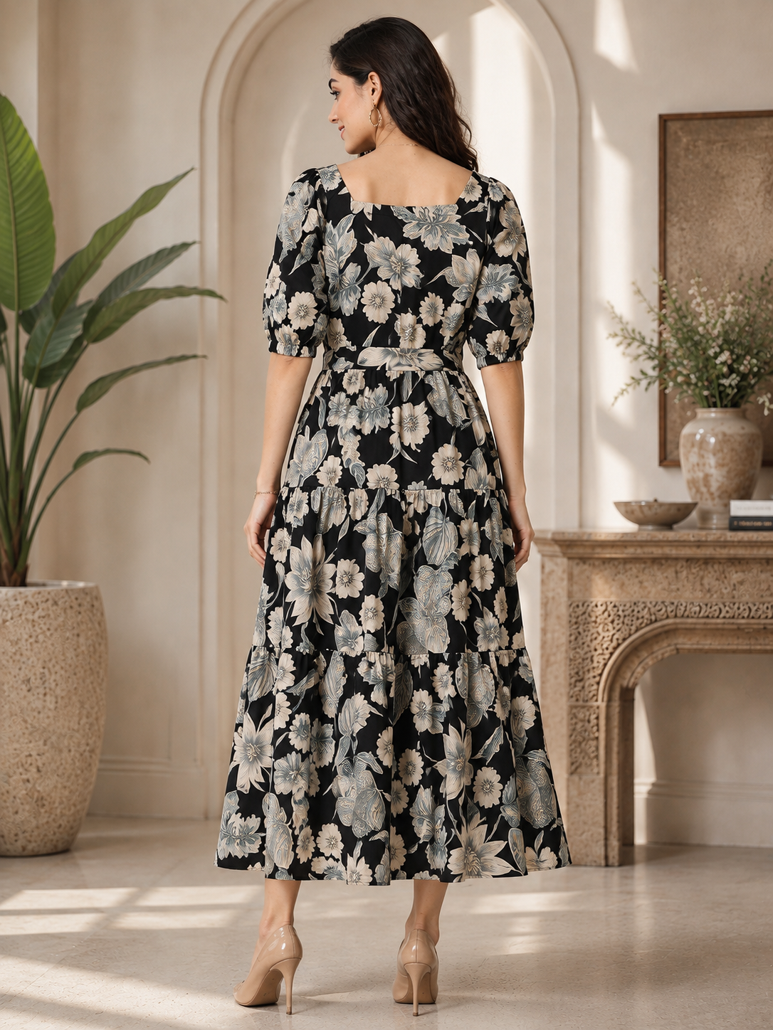 Black Floral Printed Cotton Ethnic Square Neck Dress for Women | Claura