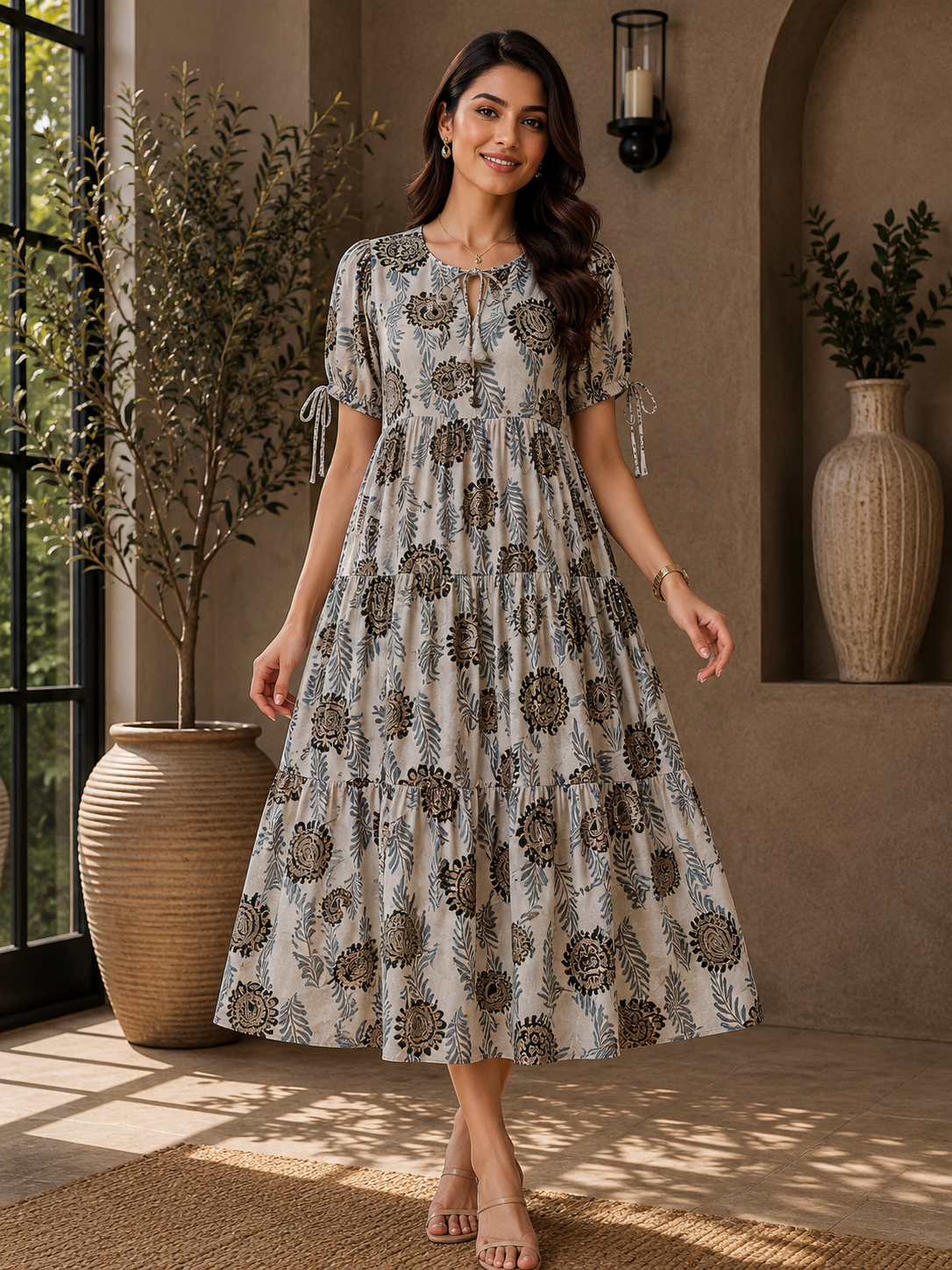 Grey Floral Printed Premium Chanderi Dress for Women | Claura
