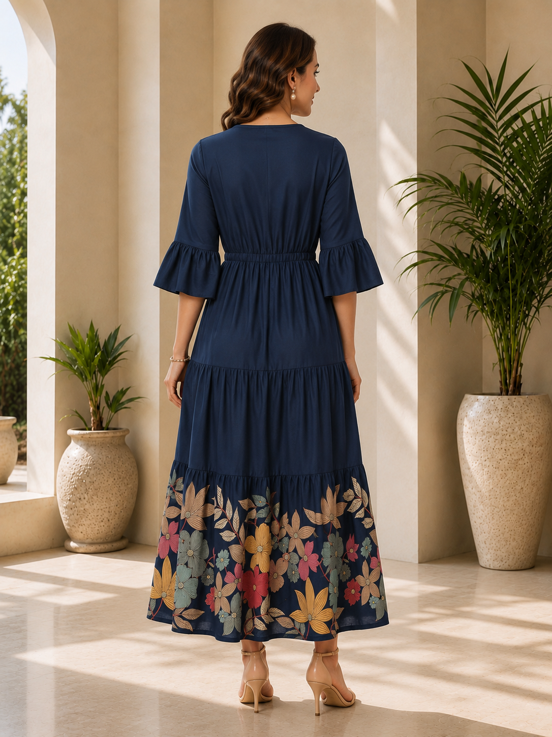 Blue Viscose Rayon Floral Printed Dress for Women | Claura