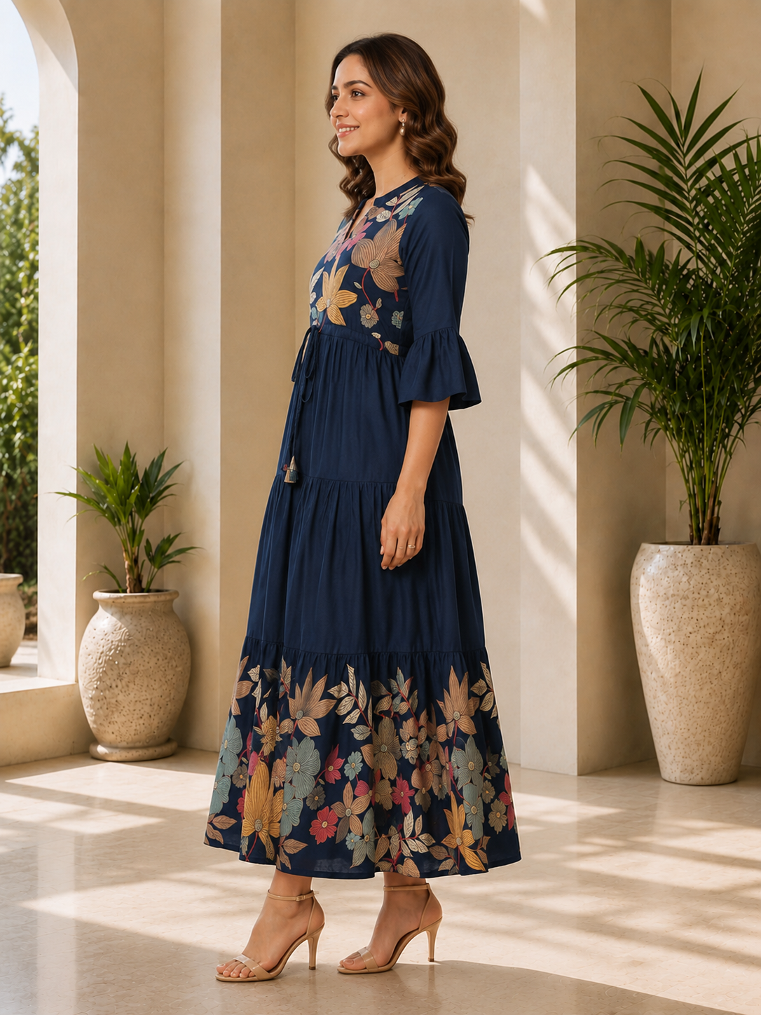 Blue Viscose Rayon Floral Printed Dress for Women | Claura