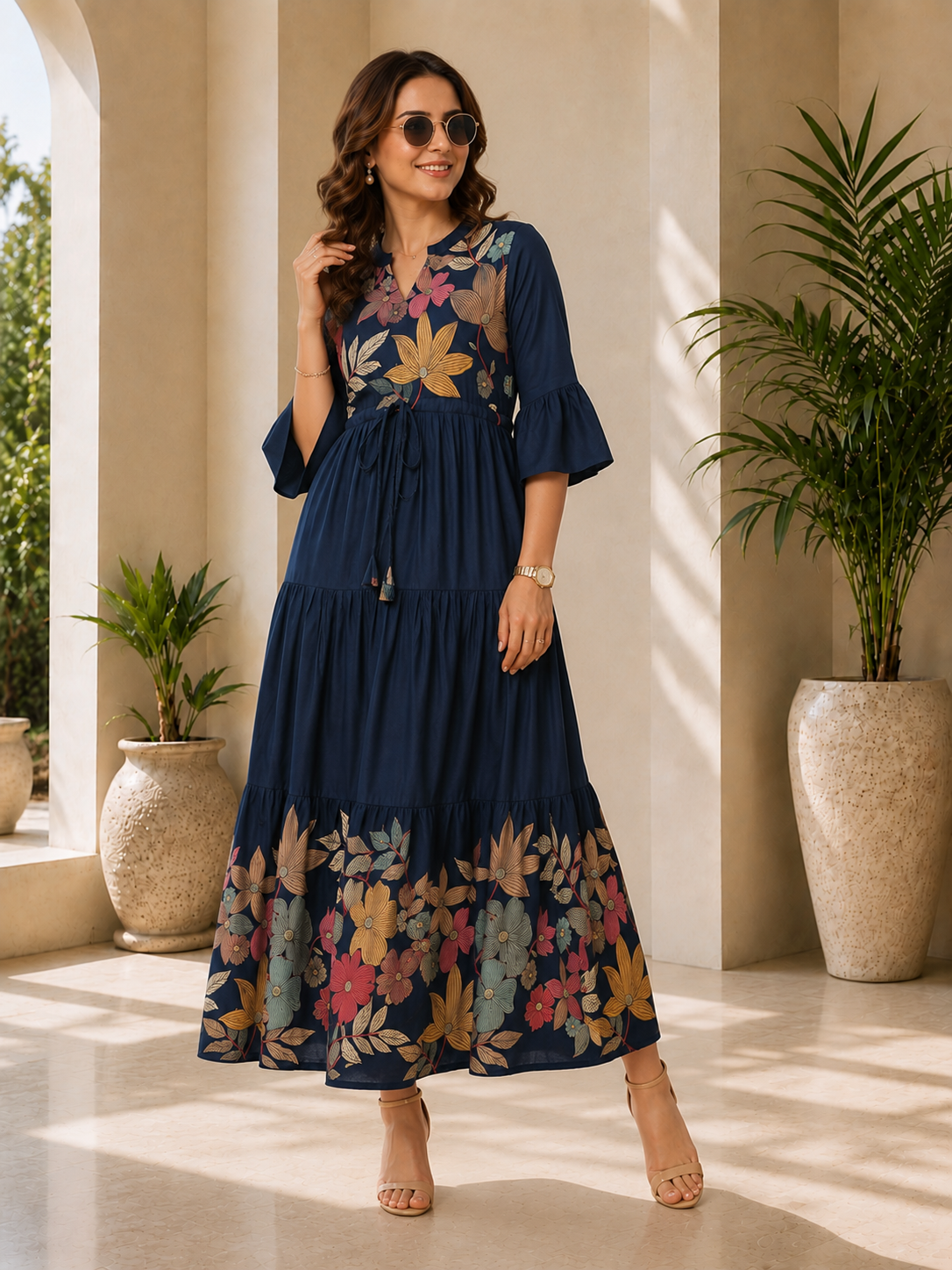 Blue Viscose Rayon Floral Printed Dress for Women | Claura