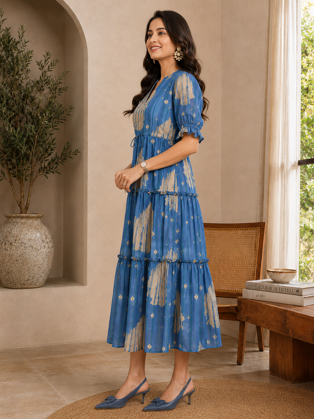 Blue Floral Printed Premium Chanderi Mandarin Collar Dress for Women | Claura