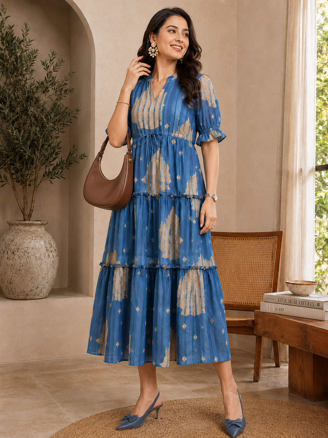Blue Floral Printed Premium Chanderi Mandarin Collar Dress for Women | Claura