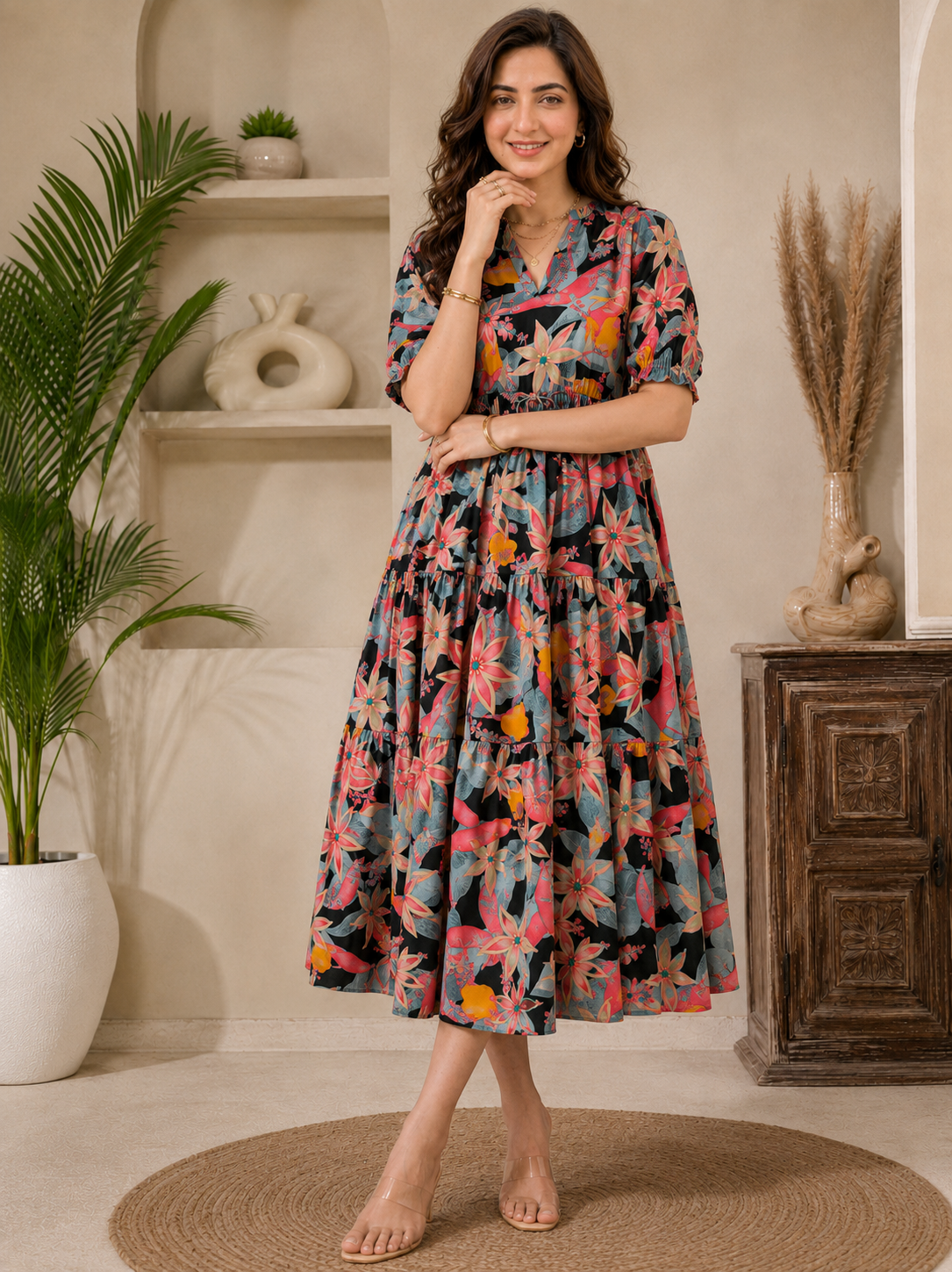 Black Chanderi Floral Dress | Claura