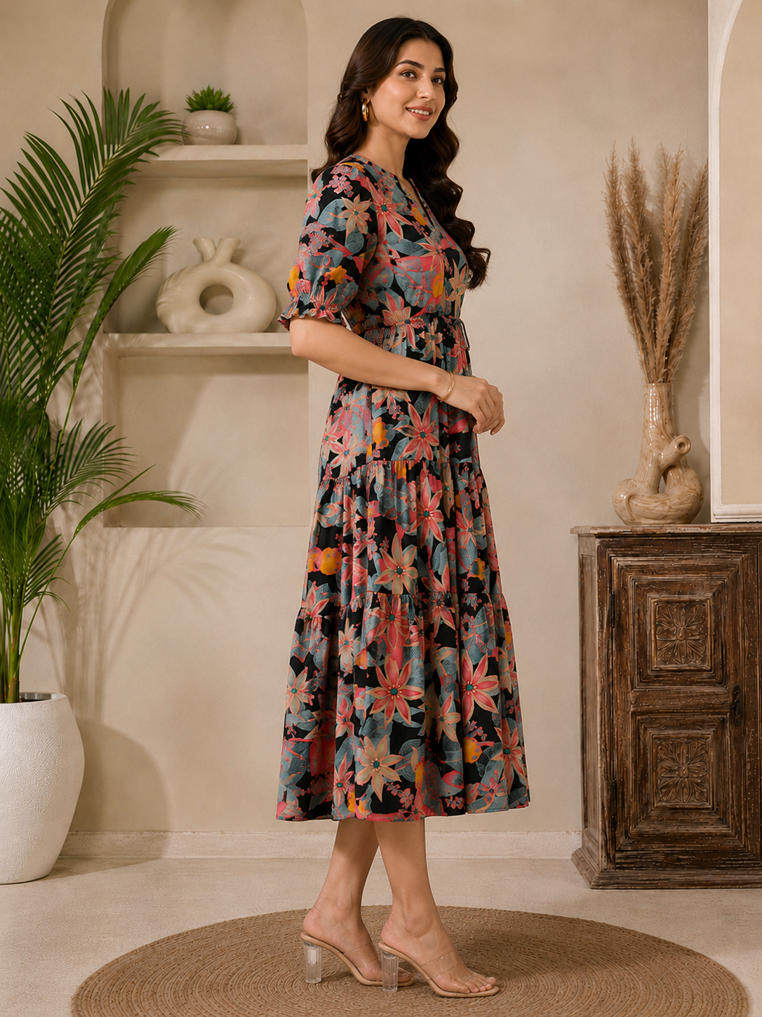 Black Chanderi Floral Dress | Claura
