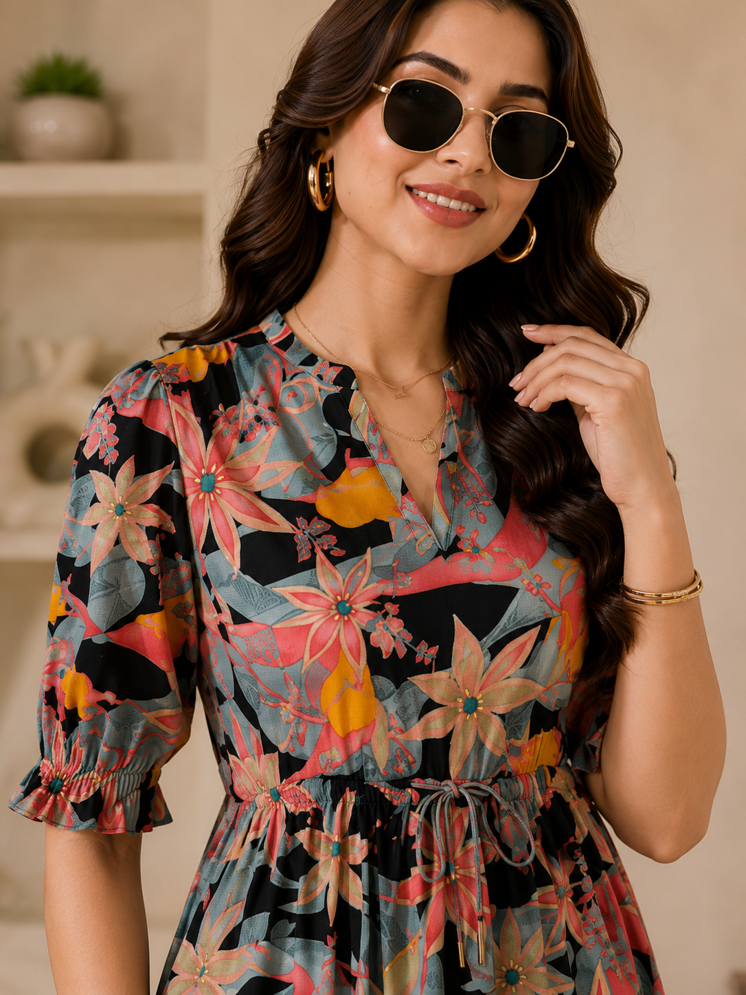 Black Chanderi Floral Dress | Claura