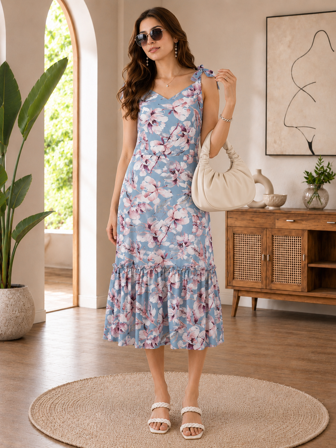 Blue Georgette Sleeveless Dress for Women | Claura