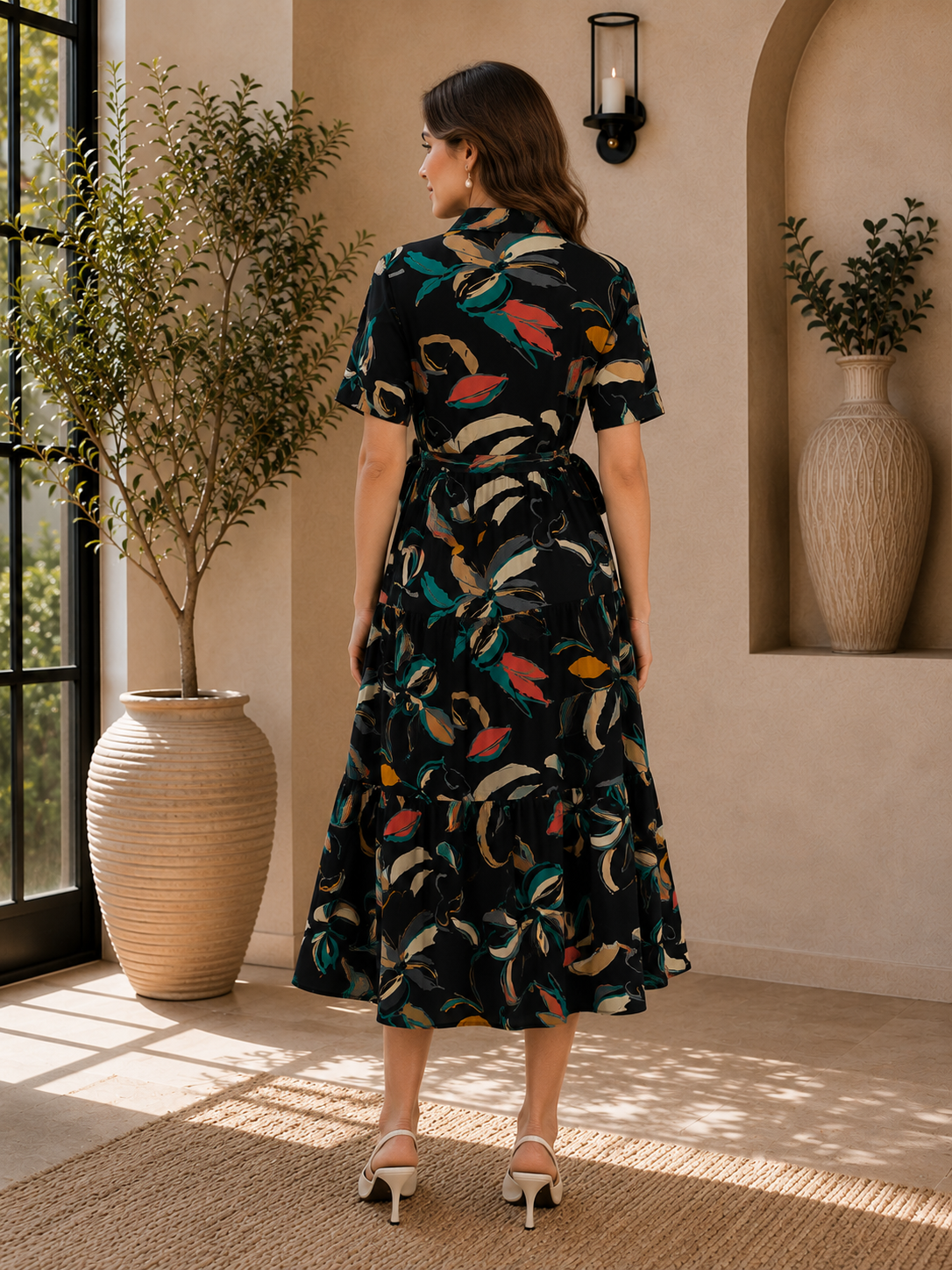 Black Floral Printed Chanderi Silk Dress for Women | Claura