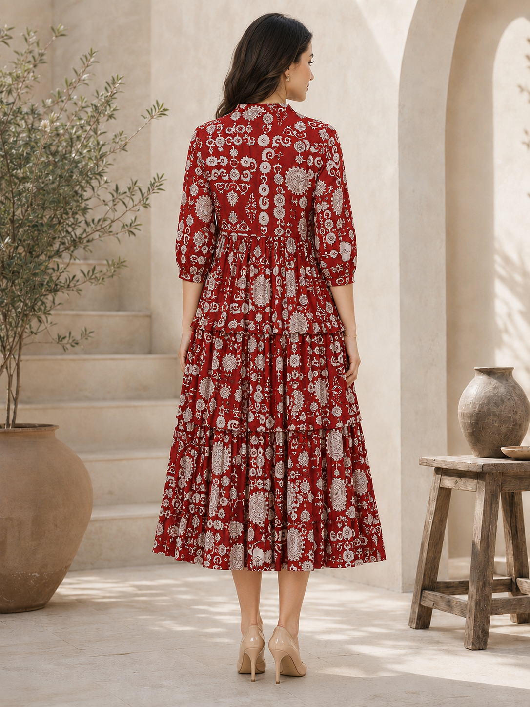 Maroon Chanderi Silk Floral Printed Dress for Women | Claura