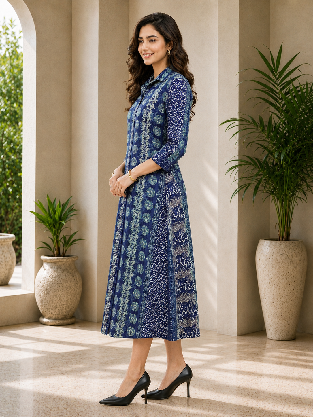 Blue Chanderi Abstract Printed Dress for Women | Claura