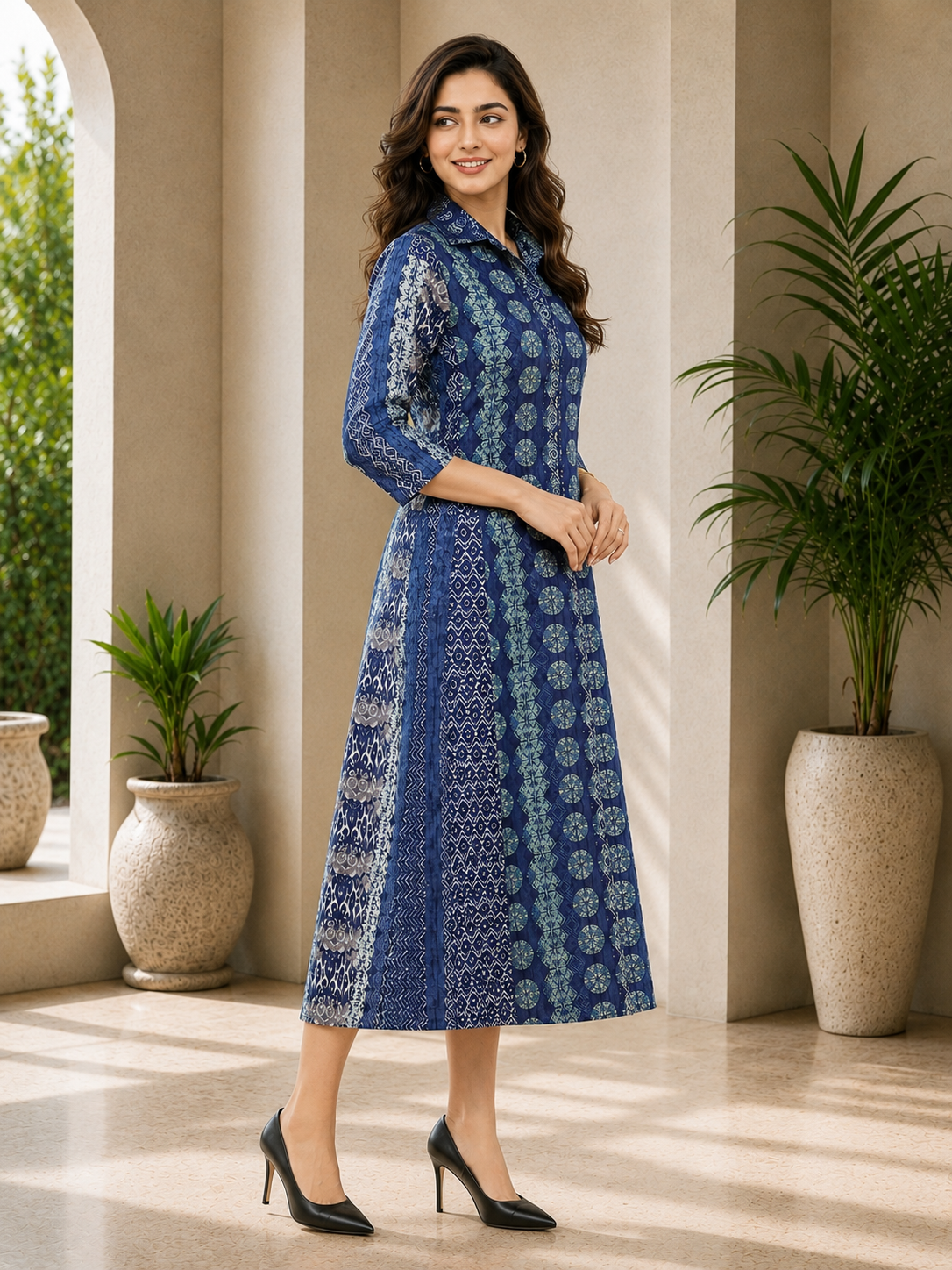 Blue Chanderi Abstract Printed Dress for Women | Claura