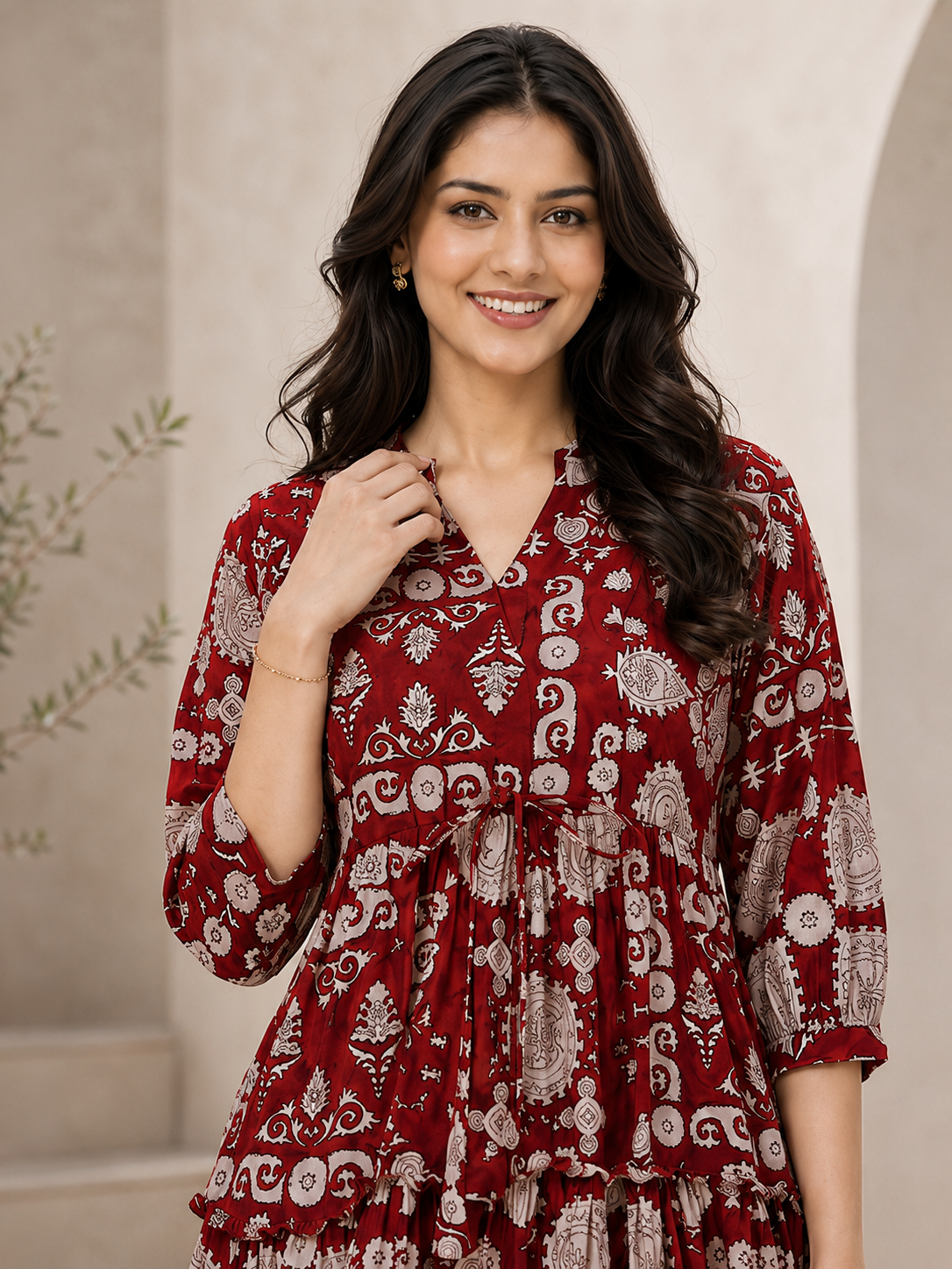 Maroon Chanderi Silk Floral Printed Dress for Women | Claura