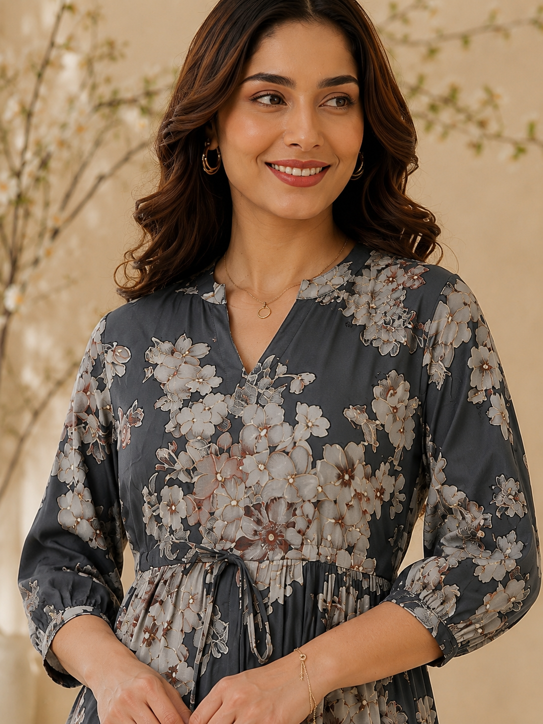Grey Floral Printed Chanderi Silk Dress for Women | Claura