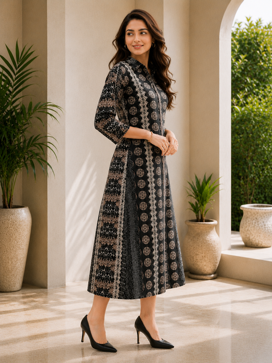 Black Chanderi Silk Abstract Printed Dress for Women | Claura