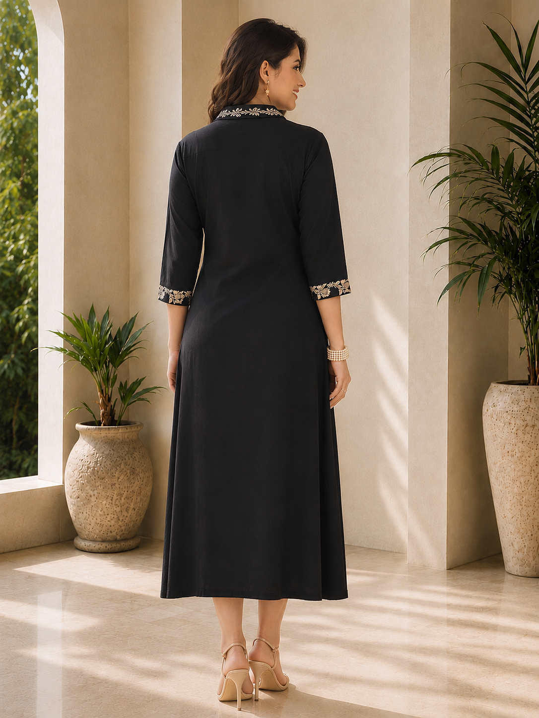 Black Viscose Rayon Embroidered Printed Dress for Women | Claura