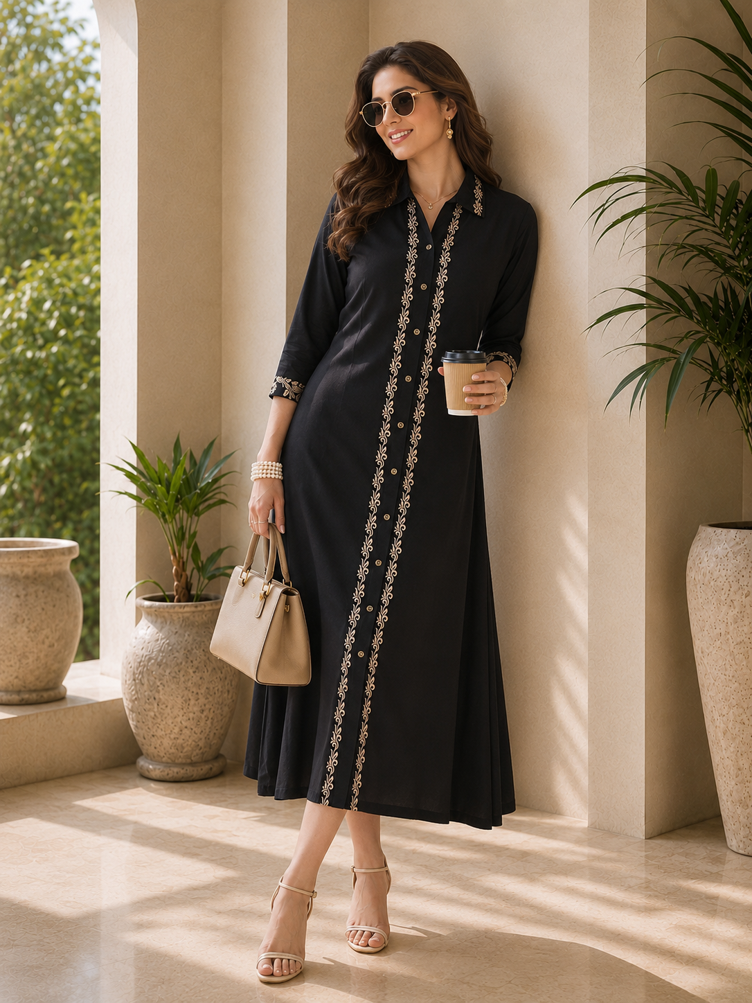 Black Viscose Rayon Embroidered Printed Dress for Women | Claura
