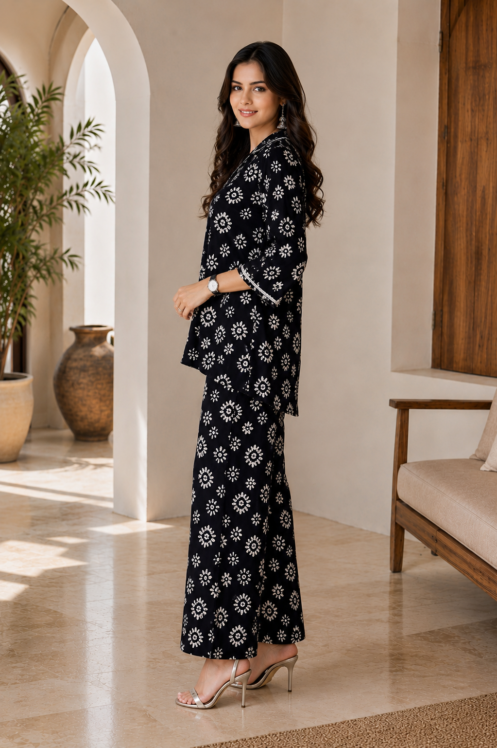 Navy Blue Floral Printed Chanderi Silk Co-Ord Women