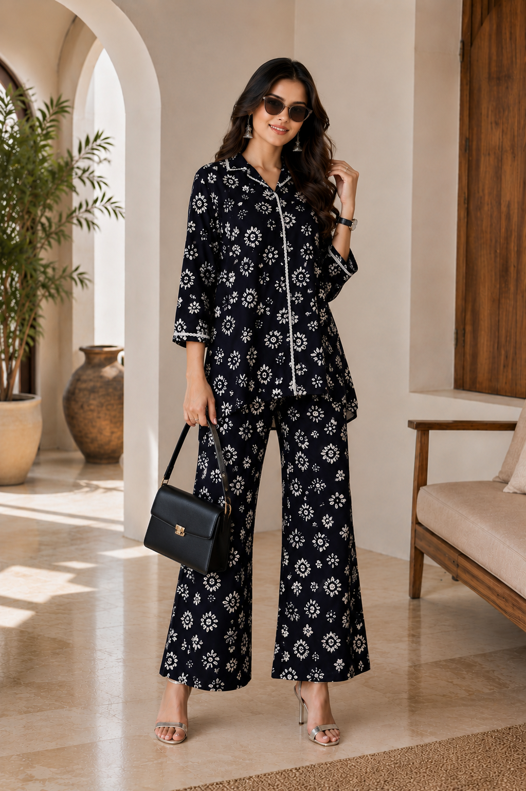 Navy Blue Floral Printed Chanderi Silk Co-Ord Women