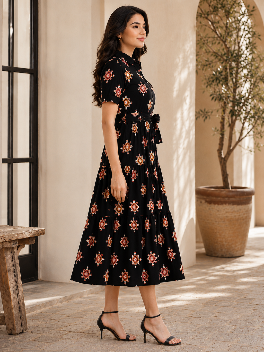 Black Viscose Rayon Floral Dress for Women | Claura