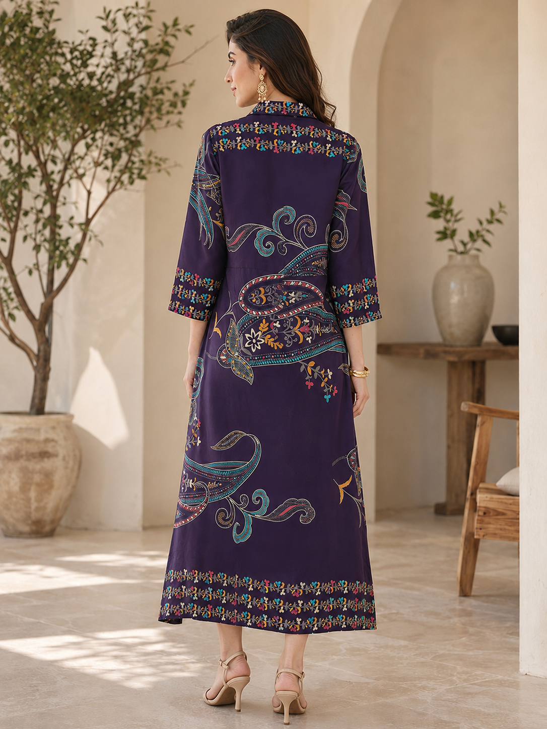 Purple Chanderi Silk Floral Printed Dress for Women | Claura