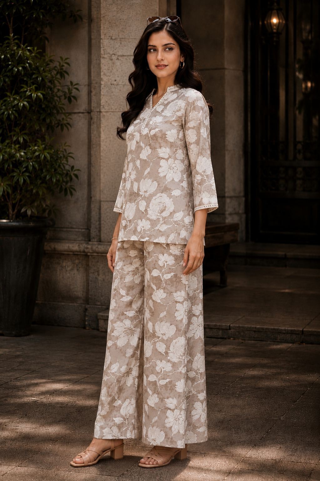 Cream Floral Chanderi Silk Tunic Co-Ord Set for Women