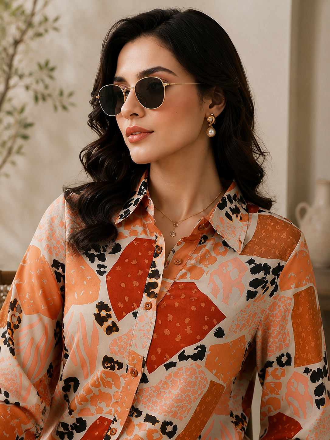 Brown Abstract Viscose Rayon Casual Co-ords Set For Women