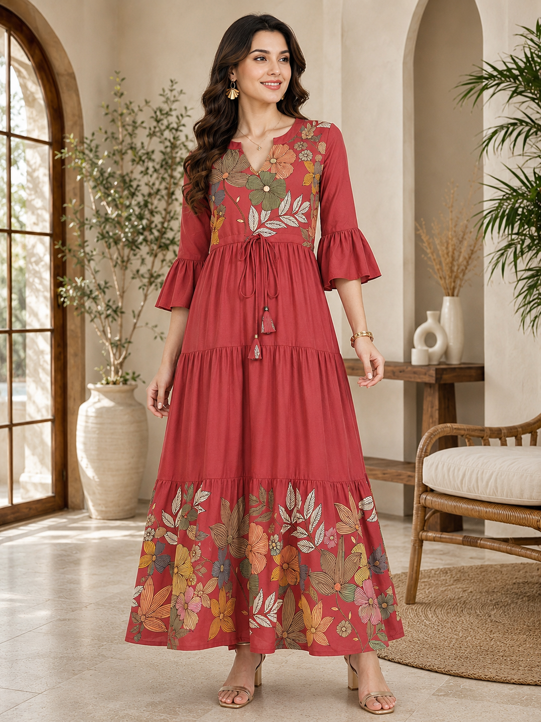 Pink Viscose Rayon Floral Printed Dress for Women | Claura