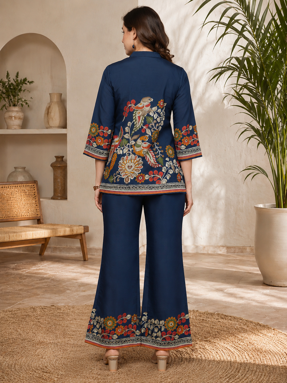 Navy Blue Bohemian Bird & Floral Printed Silk Tunic with Printed Palazzos | Claura