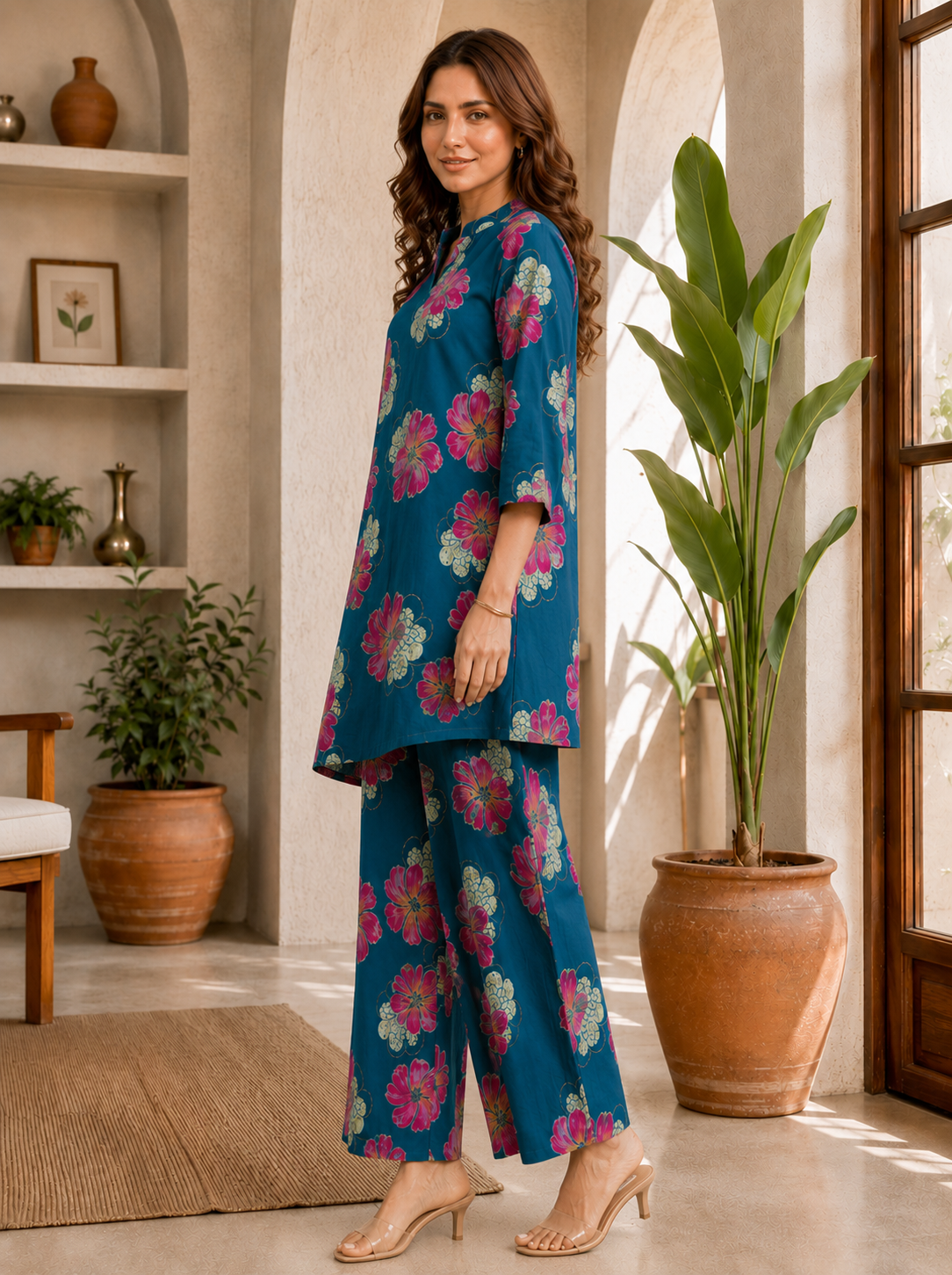 Blue Floral Printed Chanderi Silk Co-Ord Set for Women | Claura