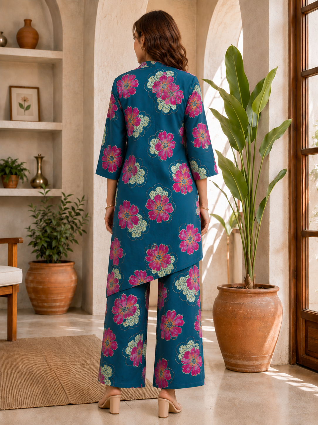 Blue Floral Printed Chanderi Silk Co-Ord Set for Women | Claura