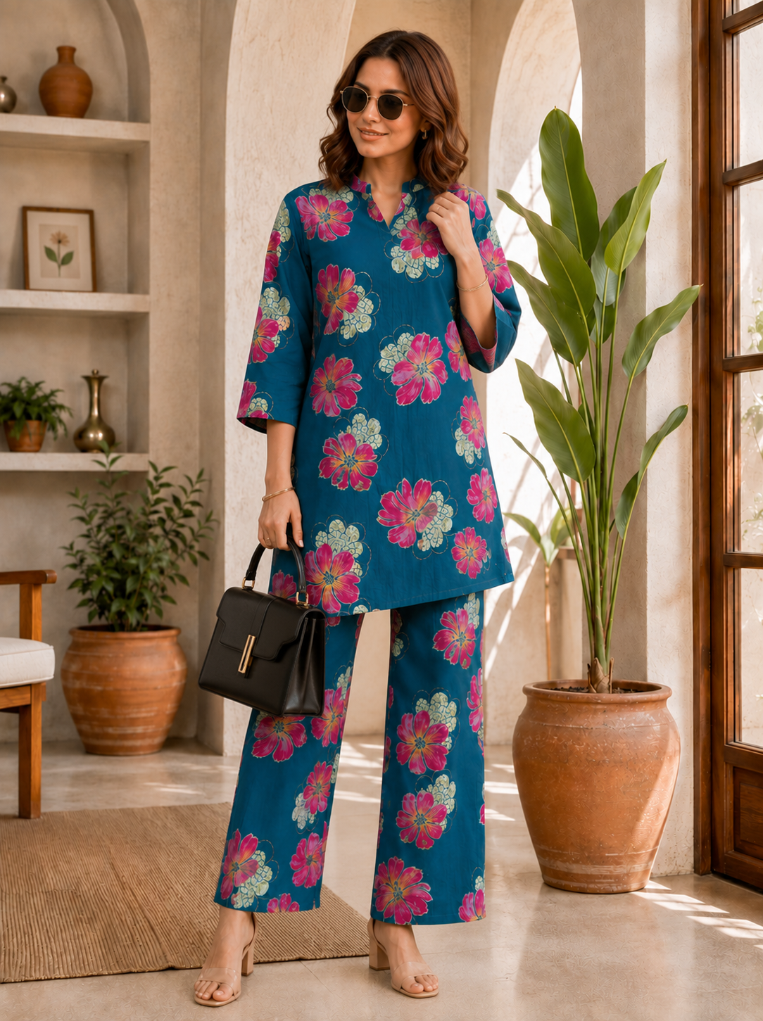 Blue Floral Printed Chanderi Silk Co-Ord Set for Women | Claura