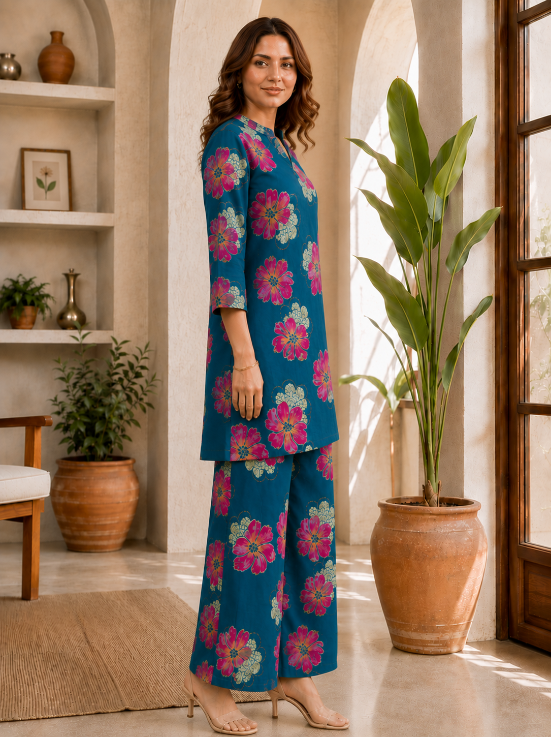 Blue Floral Printed Chanderi Silk Co-Ord Set for Women | Claura